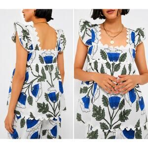 JULIET DUNN White Blue Baby Doll Top Floral Size M NWT Retail $280 Tuckernuck